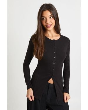 Boohoo Ribbed Longline Popper Front Top - Black