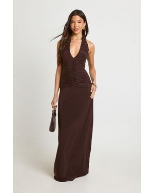 Boohoo Double Layer Ruched Halterneck Maxi Dress - Brown