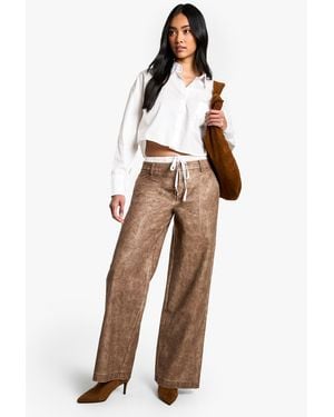 Boohoo Boxer Waistband Washed Pu Straight Leg Trouser - Brown