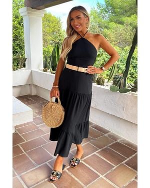 AX Paris Halterneck Straw Belt Tiered Midi Dress - Black
