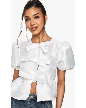 Boohoo Taffeta Tie Front Puff Sleeve Smock Top - White