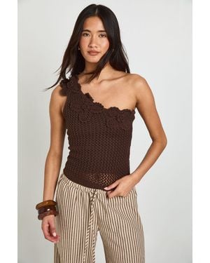 Boohoo Crochet Floral Corsage One Shoulder Top - Brown
