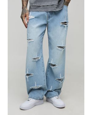 BoohooMAN Tall Rigid Star Distressed Relaxed Fit Jeans - Blue