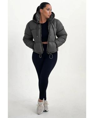 Femme Luxe Hooded Drawstring Cropped Puffer Jacket - Black