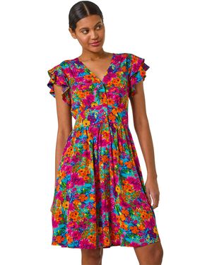 Roman Floral Print Button Frill Dress - Red