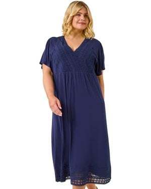 Roman Curve Lace V-Neck Midi Dress - Blue