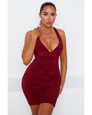 Femme Luxe Slinky Ruched Plunge Bodycon Mini Dress - Red