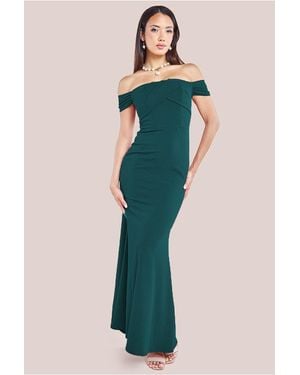 Goddiva Pleated Bardot Scuba Maxi Dress - Green