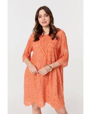 Izabel London Lace Mesh Textured 1/2 Sleeve Mini Dress - Orange