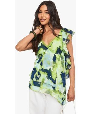 Boohoo Floral Chiffon Asymmetric Ruffle Blouse - Green