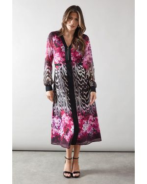 Wallis Zip Front Animal Floral Border Midi Dress - Pink