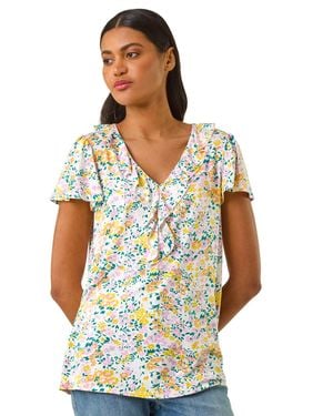 Roman Printed Ruffle V-Neck Stretch Top - White