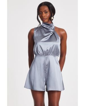 Quiz Satin Asymmetric Playsuit - Blue
