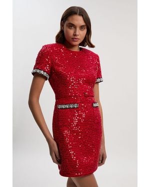 Karen Millen Tailored Sequin Tweed Tie Bow Neck Embellished Mini Dress