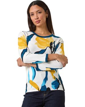 Roman Floral Print 3/4 Sleeve Knit Jumper - Blue