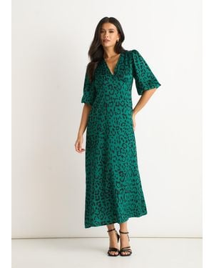 Gini London Animal Print Satin Midi Dress - Green