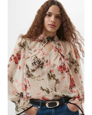 French Connection Crinkle Long Sleeve High Neck Floral Print Blouse - Brown