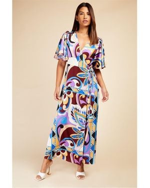 Little Mistress V-Neck Short Sleeve Maxi Wrap Dress - Blue