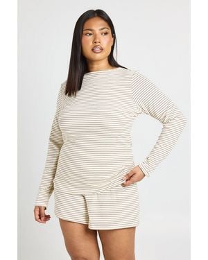 Boohoo Plus Soft Rib Stripe Long Sleeve Top & Short Pyjama Set - White