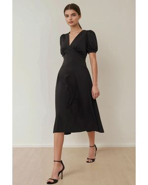 Hiccup V-Neck Puff Sleeve A-Line Crepe Midi Dress - Black