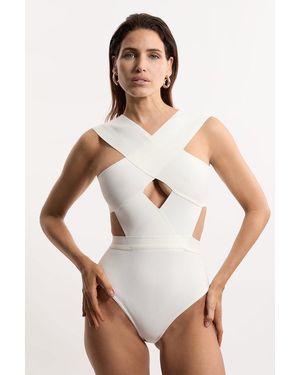 Karen Millen Bandage Textured Cross Front Swimsuit - White