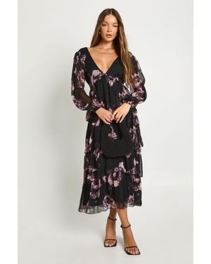 Boohoo Floral Chiffon Plunge Ruffle Midaxi Dress - Black