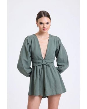 Hiccup Linen Plunge Neck Long Sleeve Playsuit With A Back Cut Out - Multicolour