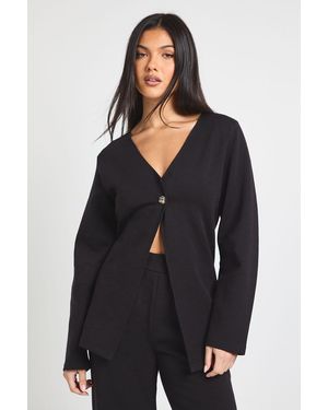 Boohoo Interlock Balloon Sleeve Button Detail Cardigan And Trouser Co-Ord - Black