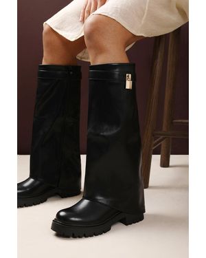 Where's That From 'Brescia' Fold Over Knee High Chunky Sole Boots - Black