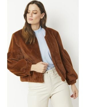 Jayley Cashmer Efect Cropped Faux Fur Jacket With Puff Sleeves - Brown