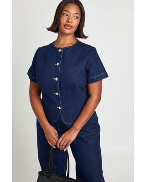 Boohoo Plus Button Short Sleeve Denim Top - Blue