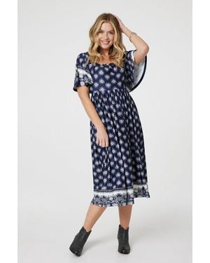 Izabel London Printed 1/2 Batwing Sleeve Midi Dress - Blue