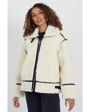 Brave Soul Oversized Borg Aviator Jacket - Natural