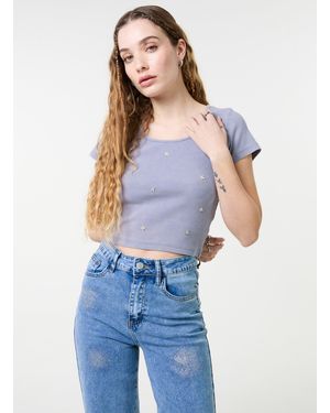Pink Vanilla Embellished Wash Rib Top - Blue