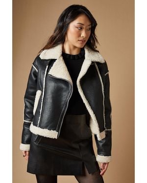 Oasis Pu Borg Detail Collared Zip Jacket - Black