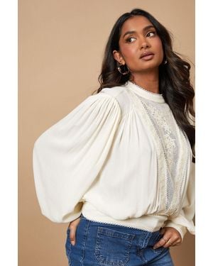Oasis High Neck Lace Embroidered Long Sleeve Blouse - White