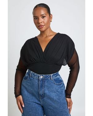 Boohoo Plus Mesh Bust V Neck Plunge Bodysuit - Blue