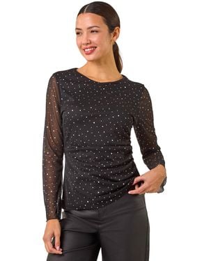 Roman Sequin Spot Mesh Ruched Top - Black