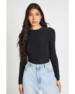 Boohoo Tall Double Layer Slinky Long Sleeve Crew Neck Bodysuit - Black