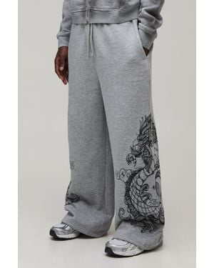BoohooMAN Extreme Wide Leg Dragon Graphic Joggers - Grey