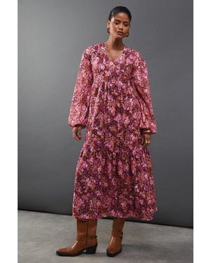 Warehouse Floral Burnout Chiffon Wrap Smock Midi Dress - Red
