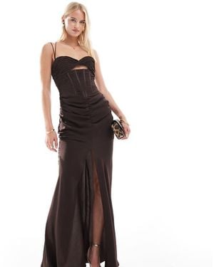 ASOS Design Ruched Corset Maxi Dress With Ruffle Skirt And Strap Details - Brown