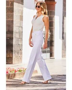 Sosandar Wide Leg Jeans With Button Detail - White