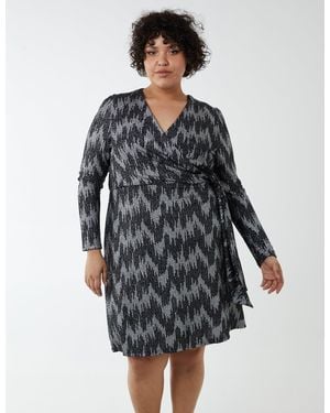 Blue Vanilla Curve Fixed Wrap Skater Dress With Tie - Grey