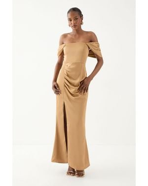MissPap Bardot Ruched Satin Bridesmaid Dress - Natural