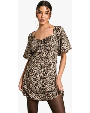 Boohoo Leopard Puff Sleeve Mini Dress - Brown