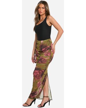 Boohoo Floral Mesh Ruched Maxi Skirt - Green