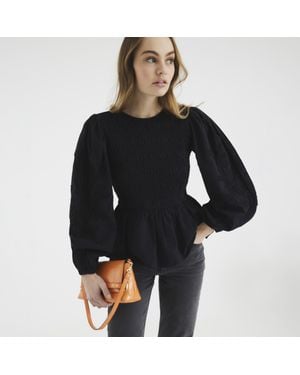 River Island Top Long Sleeve Shirred Bodice Cotton - Black