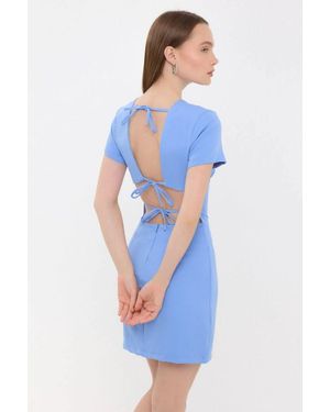 Hiccup Short Sleeve Round Neck Mini Dress With Back Detail - Blue
