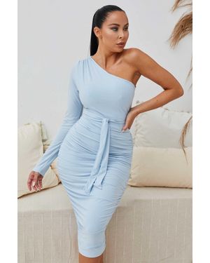 Femme Luxe One Shoulder Ruched Slinky Midi Dress - Blue